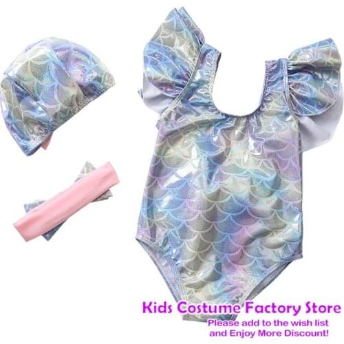 Summer Baby Swimsuit Girls Swim Wear Blue Gilding Mermaid Bow Set Solid Color Gauze Skirt Sling Toddler Girl Swimsuit