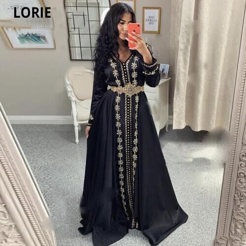 LORIE Black Moroccan Kaftan Evening Dresses Formal Appliques Beading Long Muslim Full Sleeve Arabic Prom Party Gowns for Women
