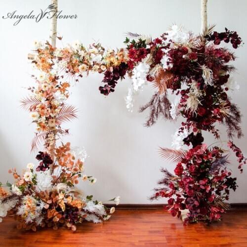 Custom Orange Burgundy Artificial Flower Row Arrangement Wedding Arch Party Scene Layout Decor Event Birthday Flowers Wall Set