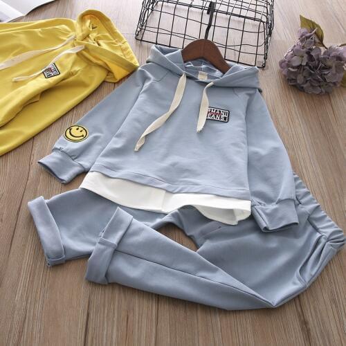 2018 spring new girl casual clothing set smile face hoodie sweater + pants,kids girls sports 2pcs suit