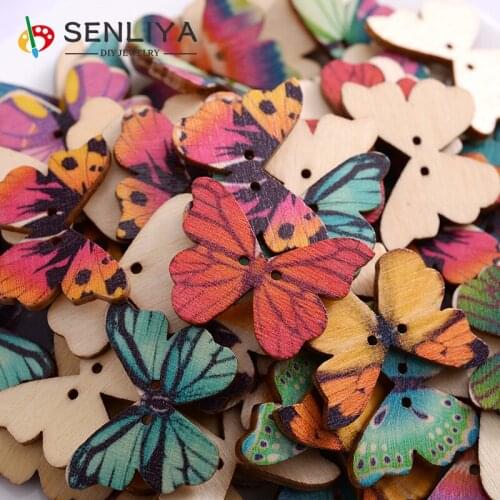New 50-150Pcs/Pack 2Holes Cartoon Butterfly Shape Wooden Decorative Buttons Suitable For Clothes Handmade Scrapbooking Craft