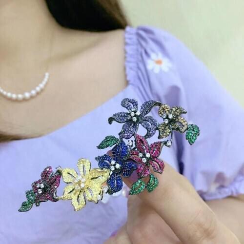 Multi color flower brooch 925 sterling silver with cubic zircon decoration fine women jewelry for dress coat free shipping