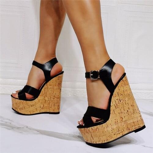 MKKHOU Fashion Sandals Womens New Simple Black Strap Open Toe Wedge Shoes Summer All-match Super High Heels Large Size 36-52