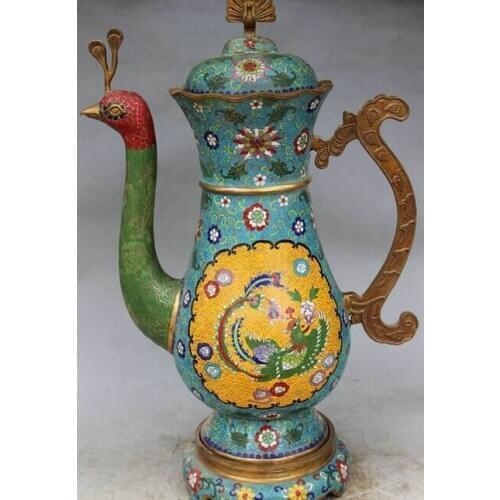 USPS to USA S1762 Royal China Palace Cloisonne 100% Bronze Phoenix Peacock Teapot Wine Pot Statue