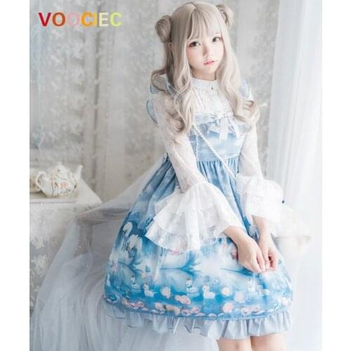 Vintage Lace Bowknot High Waist Cute Printing Victorian Dress Kawaii Girl jsk loli Palace princess tea party sweet lolita dress
