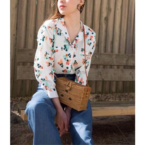 Viscose 100% Notched Neckline Long Sleeve Print Shirt Top - 2019ss Spring Summer Women Printing Blouse Shirt