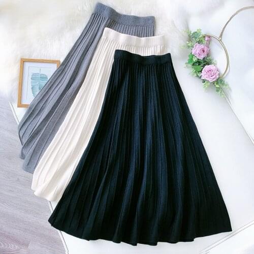 2020 Autumn and Winter Women Knitted Mid-Length Skirt High Waist Solid Color Stretch A-Line Pleated Skirt Office Women Clothing
