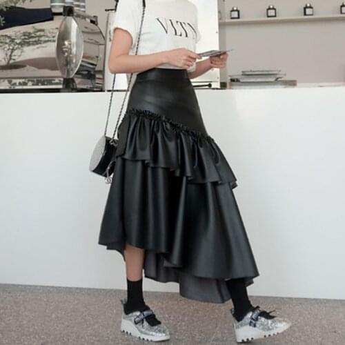 Spring Autumn PU Leather Skirt High Waist Irregular Hem Flouncing Women Long Skirts Saia Women Skirts Faldas Jupe Femme