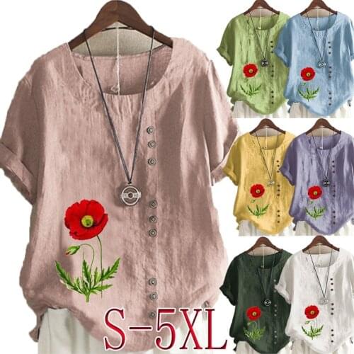 Womens Fashion Solid Color T-shirt Plant Printing Plus Size Casual Round Neck Short-sleeved Top Pullover Top