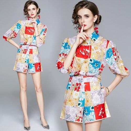 Summer Fall Runway 2pcs Womens Ladies Sets Retro Vintage Print Collar 1/2 Half Sleeve Top Shirt Blouse Shorts Suits Outfits