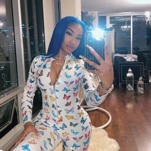 Colorful Print Sexy Long Sleeve Bodycon Jumpsuits Women Zipper Neck Club Outfits One Piece Rompers Cool Girl