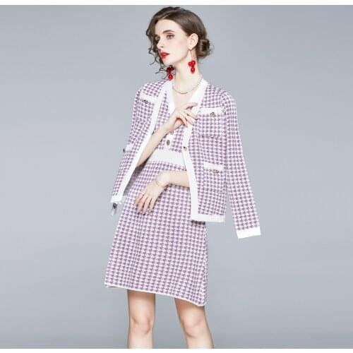 Korean Fashion Sweater Two-Piece Suit Autumn Vintage Style V-Neck Long Knitted Sweater Coat + Houndstooth Vest Dress Female Set