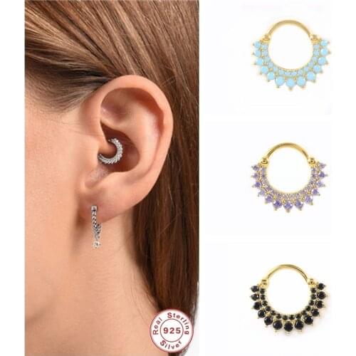 100% Real S925 Sterling Silver Cartilage Hoop Earrings For Women Colorful Crystal Ear Bone Earlobe Piercing Buckle bijoux femme