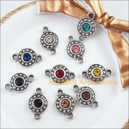 30Pcs Tibetan Silver Tone Retro Circle Mixed Crystal Charms Connectors 11x18mm