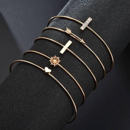 5 Pcs Rhinestone Inlaid Metal Stick Heart Love Arrow Rudder Bracelet Bangle Wrist Jewelry Bracelets Set for Women Men Girls Gift