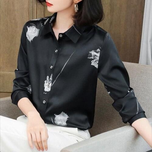 Faux silk Blouses Womens Shirts Rose printing Top Lapel large size Satin Feminine Shirt elegant Offce Lady Blusas Camisas mujer