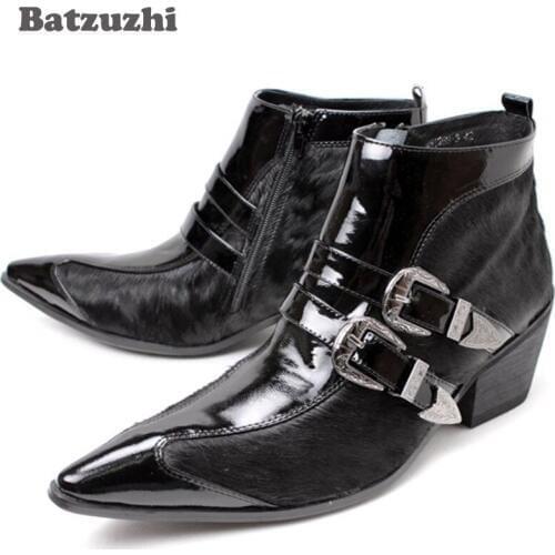 Batzuzhi Big size Western Mans Ankle Boots Iron Pointed Toe Handsome Short Boots Black Italian Style Men Boots Winter, EU38-46