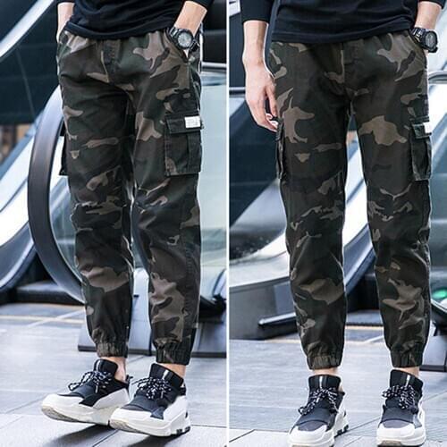 Camo Men Thin Multi-Pocket Ankle Tie Elastic Waist Straight Cargo Pants Trousers Straight Cargo Pants Trousers Straight Cargo Pa