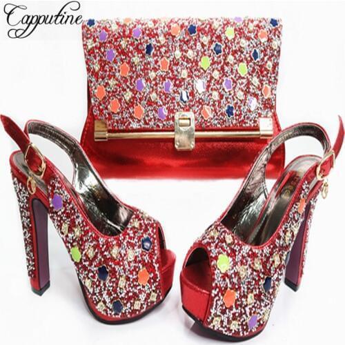 Capputine New African Rhinestone Women Gold Shoes And Bags Set Hot Selling High Heels Shoe And Bag To Match for Parties G35