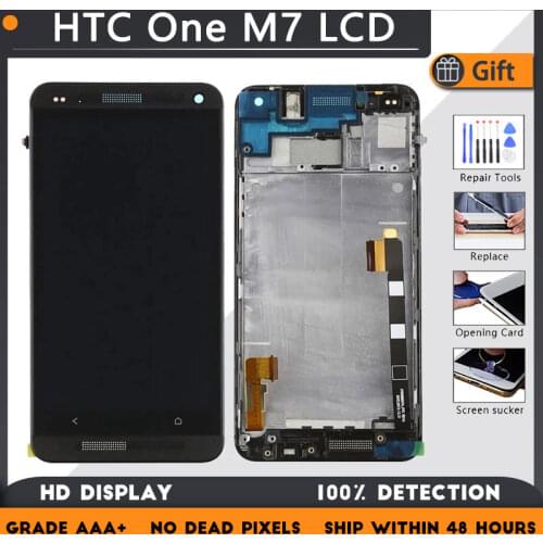 For HTC One M7 LCD screen assembly with front case touch glass, 801e One M7 LCD Display original Black Red Gold Blue Silver