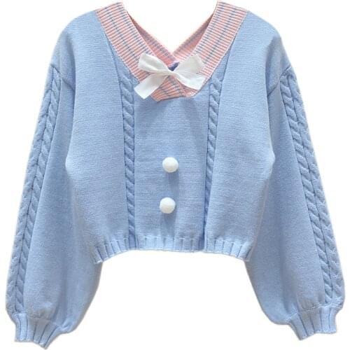 Women Bowtie Twist Knitted Sweater Sweet V Neck Bow Vintage 3D Balls Pullovers V-Neck Long Sleeve Knitwear Jumper Crop Tops 2021