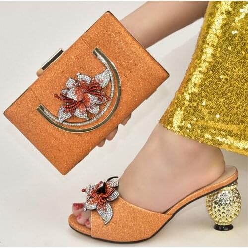 Doershow African Wedding fashion Shoes and Bag Set orange Italian Shoes with Matching Bags Nigerian Women party! SSC1-4
