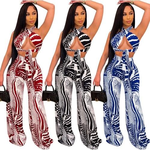 Echoine Fashion Print Women Lace Up Crop Top and Straight Pants Two Piece Set Sexy Club Party Tracksuit Plus Size S-XXL