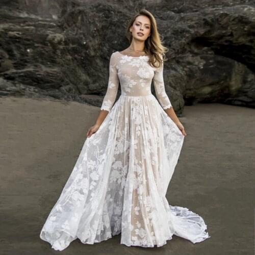 Elegant Wedding Dress 2021 A-Line 3/4 Sleeve O-Neck Appliques Backless Sweep Train Tulle Vintage Bridal Gown Vestidos De Noiva