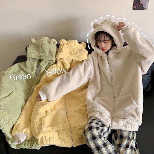 Bear Ears Hoodie Women Winter Zipper Plush Jacket Comfort Top Thicker Chic Cutey Outwear Korean Hooded Streetwear Female Coat
