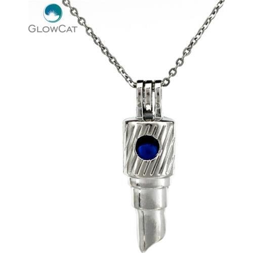 K777 Silver Alloy Lipstick Lady Pearl Cage Pendant Chain Aroma Essential Oil Diffuser Locket Necklace