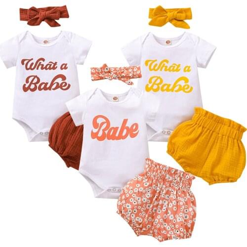 2021 Newborn Baby Girls Outfit Short Sleeve Round Collar Letter Romper + Floral Printing/Solid Color Shorts + Bow Headwear 3Pcs
