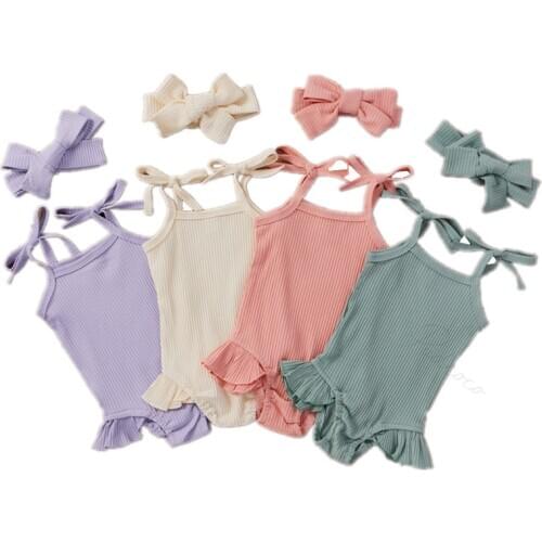 Lioraitiin 0-18M Newborn Infant Baby Girl Summer Romper Sleeveless Cotton Solid Jumpsuit Headband 2Pcs 4Colors Outfit