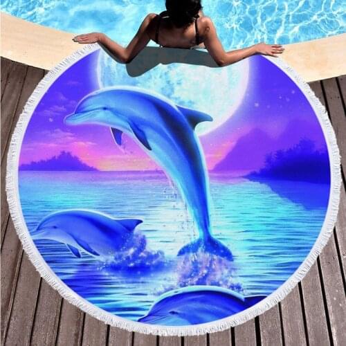 Dolphin Printed Round Beach Towels Microfiber Made Animal Style Beach Towel with Tassle Around Picnic Mat blue Yoga Mat