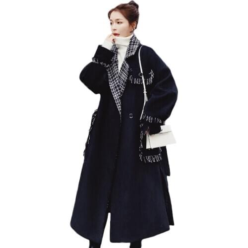 Fashion Woolen Coat Womens Mid-length 2021 Autumn Winter Jackets New Style Black Stitching Wool Coats Female Overcoats 21B