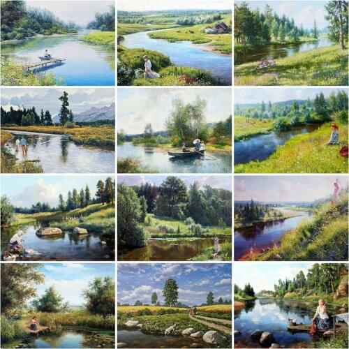 MomoArt 5D DIY Diamond Painting River Mosaic Art Full Square Diamond Embroidery Tree Landscape Cross Stitch Child Home Decor