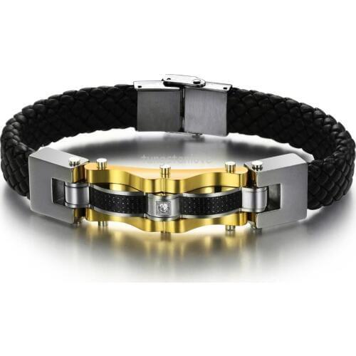 Mens Jewellery Stainless Steel Gold Color Tone Leather Braided Wristband Bracelet Bangle For Men