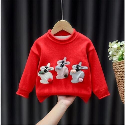 Autumn Winter Baby Girl Sweater Cute Rabbit Embrioderied Toddler Girl Warm Flannel Fleece 1-4Y Baby Girl Pullover Pink Kids Coat