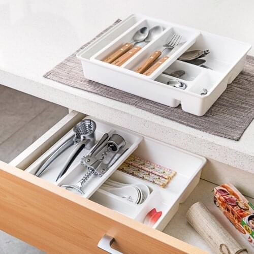 Adjustable Drawer Cutlery Utensils Tray Kitchen Organizer Plastic Sundries Cosmetic Container Fork Spoon Storage Box Case