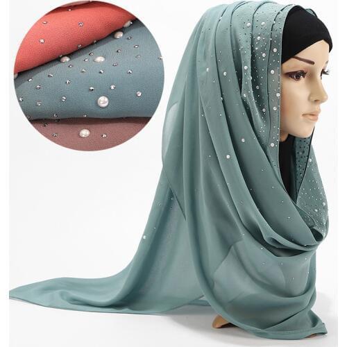 Luxury Pearl Chiffon Woman Hijab Under Scarf With Drill Muslim Woman shawl and wrap Turban Islamic Clothing Instant Headscarf
