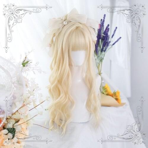 Light Blonde Lolita Wig Women Harajuku 65cm Long Curly Wavy Hair Beige Cute Bangs Adult Chic Girls Cosplay Daily Wear