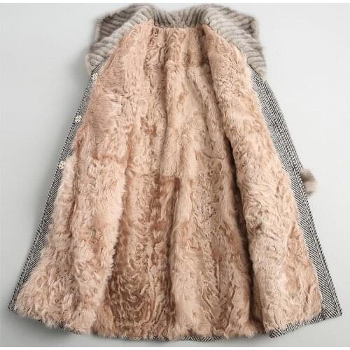Tweed Wool Jacket Real Coat Female Natural Lamb Fur Liner 2020 Long Women Winter Jackets Mink Collar 18621 WYQ2008