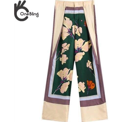 OneBling 2021 Za Woman Casual Traf Trousers Thin Summer Border Painted Floral Print Folds Front Loose Straight Leg Long Pants
