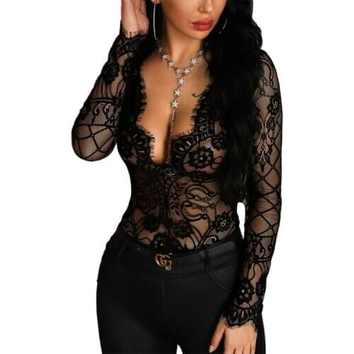 Women Black Clear Sexy Lace Jumpsuit Bodycon Bodysuit Leotard Romper Blouse Long Sleeve Tops
