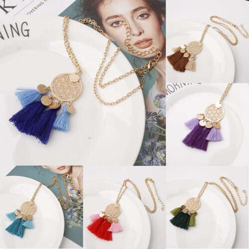 Sweater Hollow Chain Pendant Jewelry Alloy Women Round Tassel Boho Long Necklace