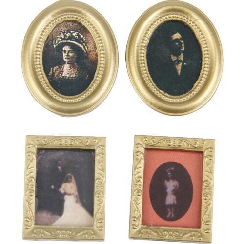 4 Pcs Vintage Photos Painting Mural Wall Picture Wall Painting Model Accessories for 1:12 Dolls House Miniature Decoration