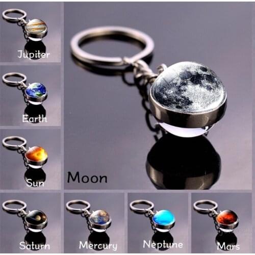 Solar System Planet Keyring Nebula Space Keychain Moon Earth Sun Mars Art Picture Double Side Glass Ball Car Key Chain