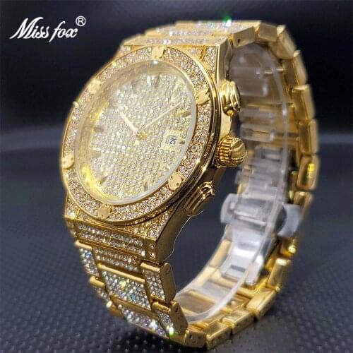 18K Gold Watch for Big Man MISSFOX Luxury Classic Auto Calendar Full Diamond Bracelet Quartz Watches Droshipping Orologio uomo