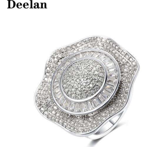 Deelan Exquisite White Rhinestone Women Rings Crystal Finger Ring For Women Wedding Engagement Big Flower Charming Rings