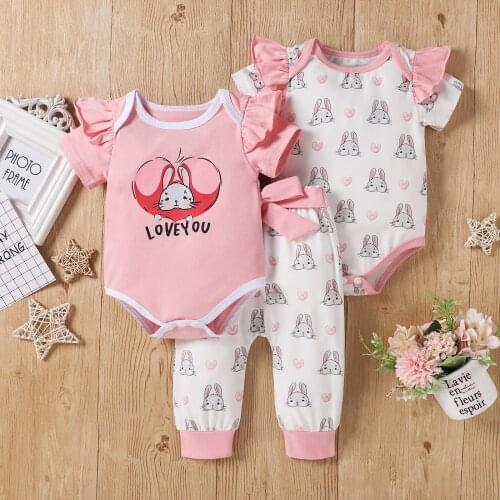 2021 Baby Suit Set, Girls Cartoon Rabbit Print Round Neck Short Sleeve Romper+ Long Pants for Toddler, 0-24 Months
