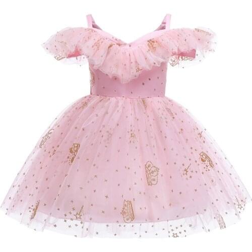 Girl baby embroidery dress 2021 new birthday Christmas party girl crown glitter suspender lace mesh puffy Princess Dress